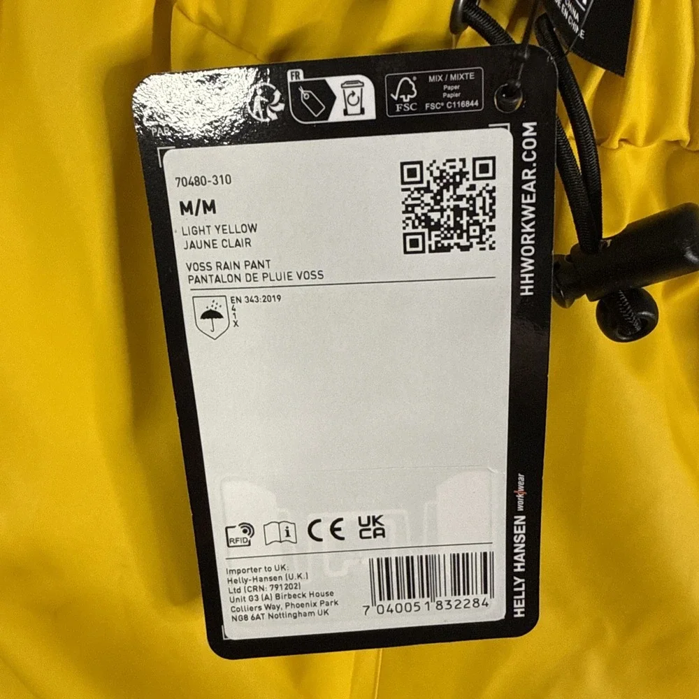 Helly Hansen Voss Rain Pants Size M Yellow Pull On Waterproof Drawstring NEW